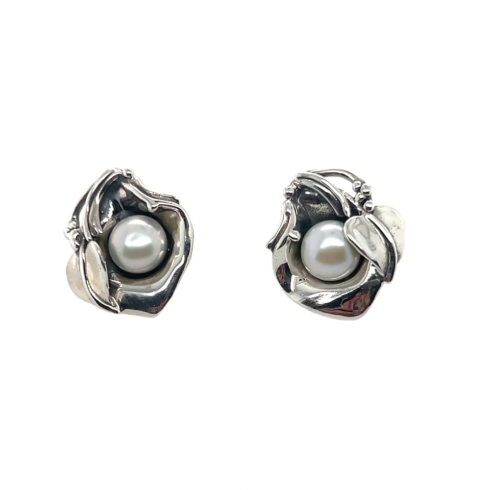 Sterling Silver & Pearl Leaf Design Earrings 69-37