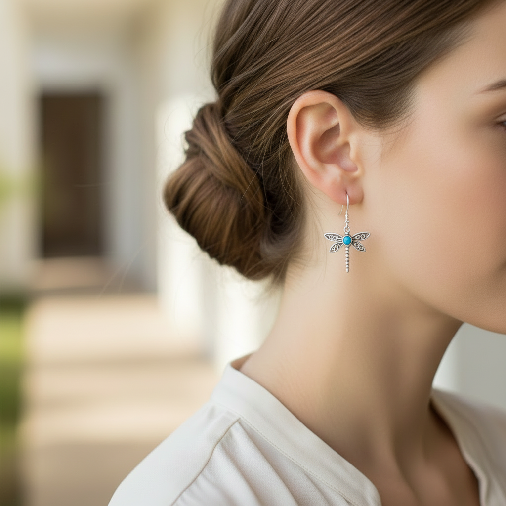 Designer Silver and Opaline Dragonfly Earrings