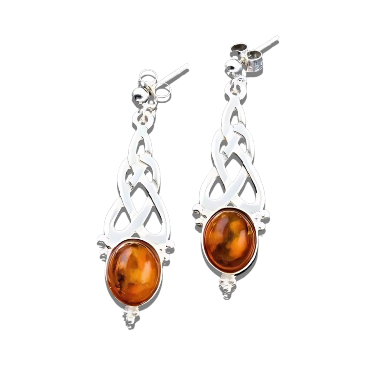 Sterling Silver &amp; Amber Celtic Earrings - AE200 Shetland