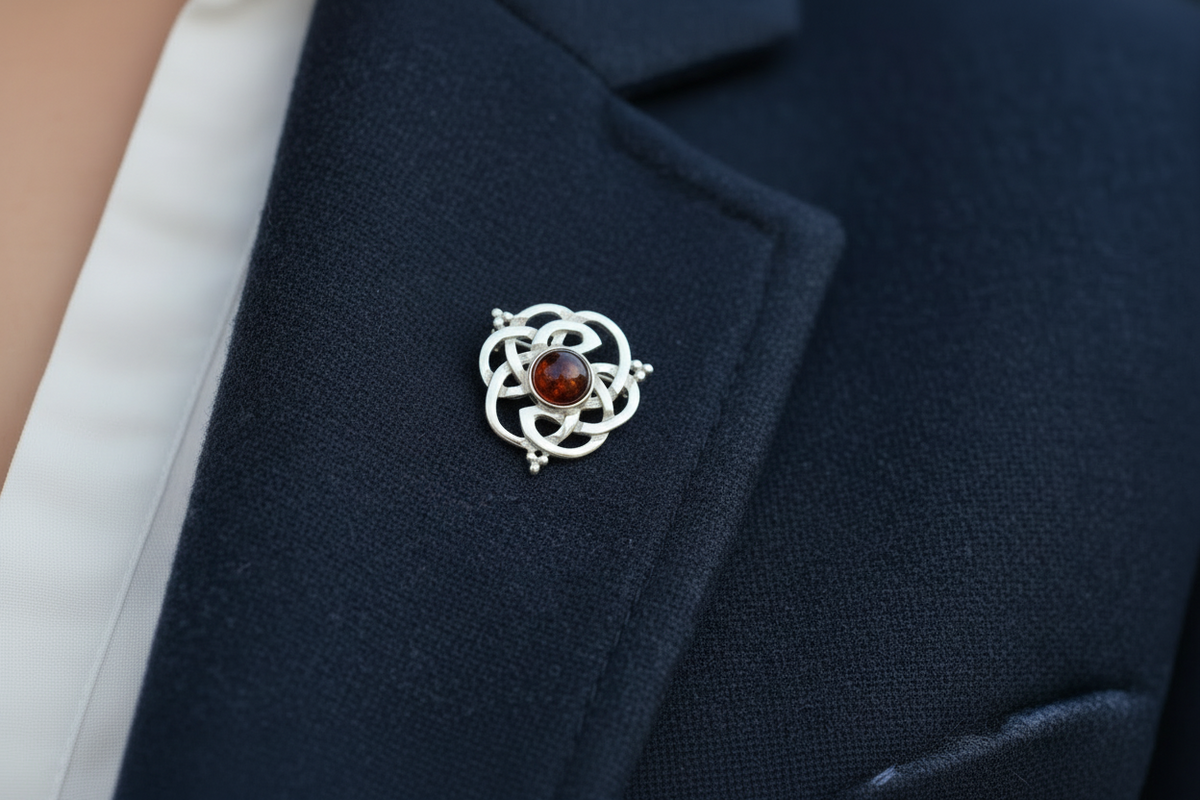 Silver or Gold Amber Celtic Brooch - AB130 Shetland