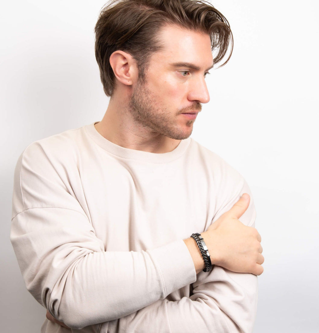 Fred Bennett Black Leather and Steel Bracelet -