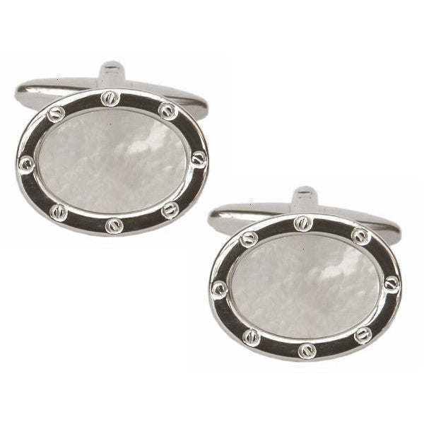 Mother of Pearl Oval Port Hole Rhodium Plated Cufflinks