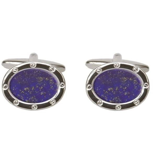 Lapis Lazuli Stone Set Oval Port Hole Rhodium Plated Cufflinks