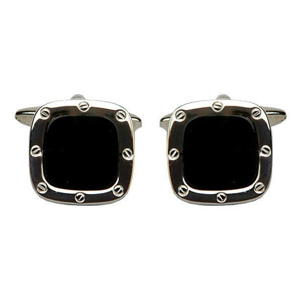 Onyx Port Hole Rhodium Cushion Cufflinks