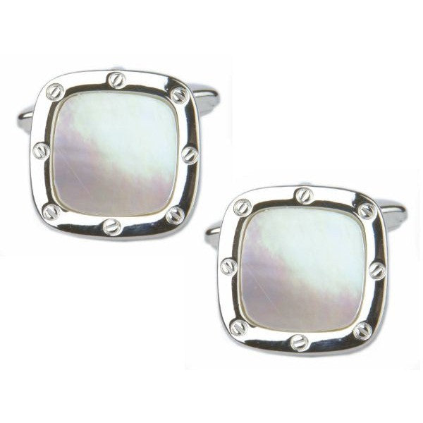 Mother of Pearl Port Hole Rhodium Plate Cushion Cufflinks