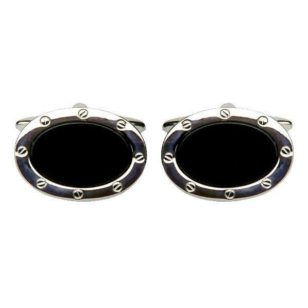 Onyx Oval Port Hole Rhodium Plated Cufflinks