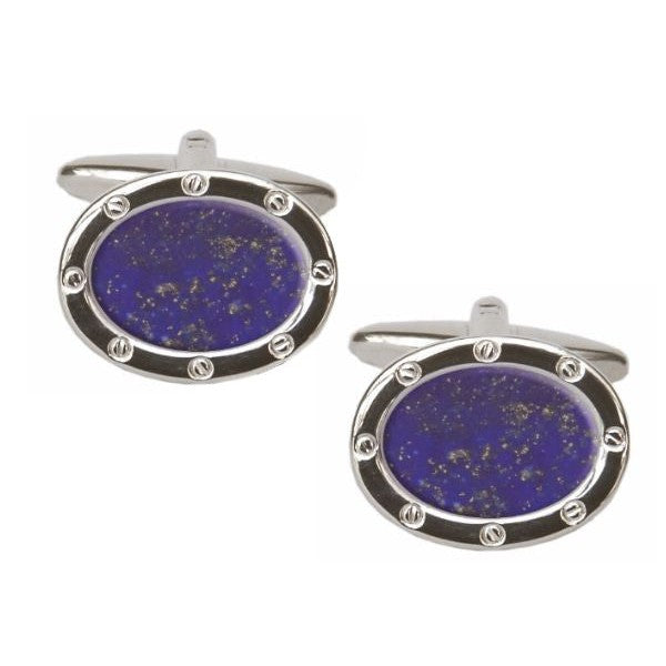 Lapis Lazuli Stone Set Oval Port Hole Rhodium Plated Cufflinks