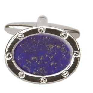 Lapis Lazuli Stone Set Oval Port Hole Rhodium Plated Cufflinks