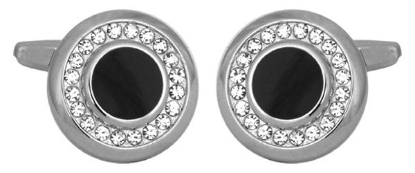Ring of Crystals & Black Centre Rhodium Plated Cufflinks