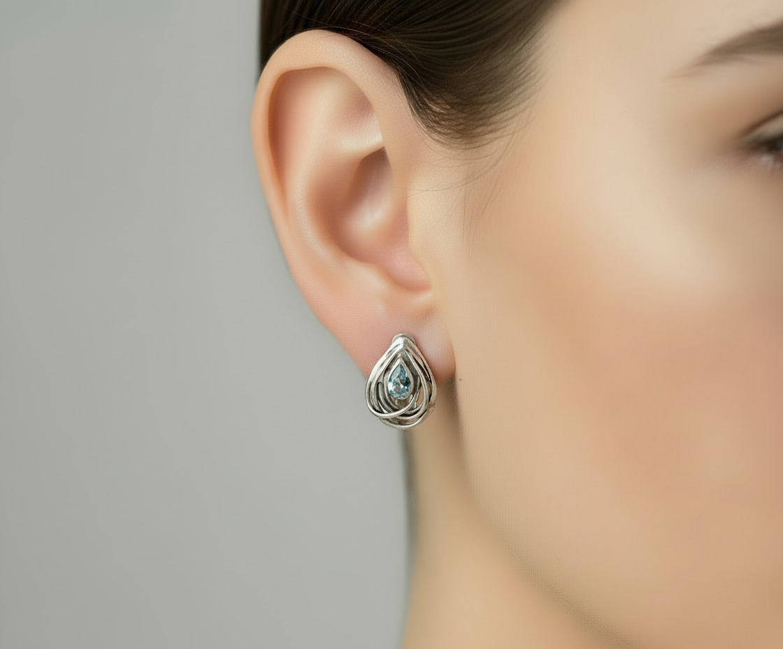 Sterling Silver &amp; Inricate Detail Blue topaz Clip On Earrings Hagit Gorali.