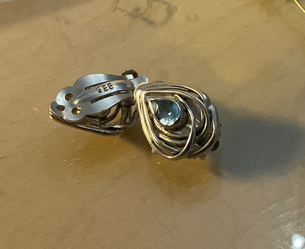 Sterling Silver &amp; Inricate Detail Blue topaz Clip On Earrings Hagit Gorali.