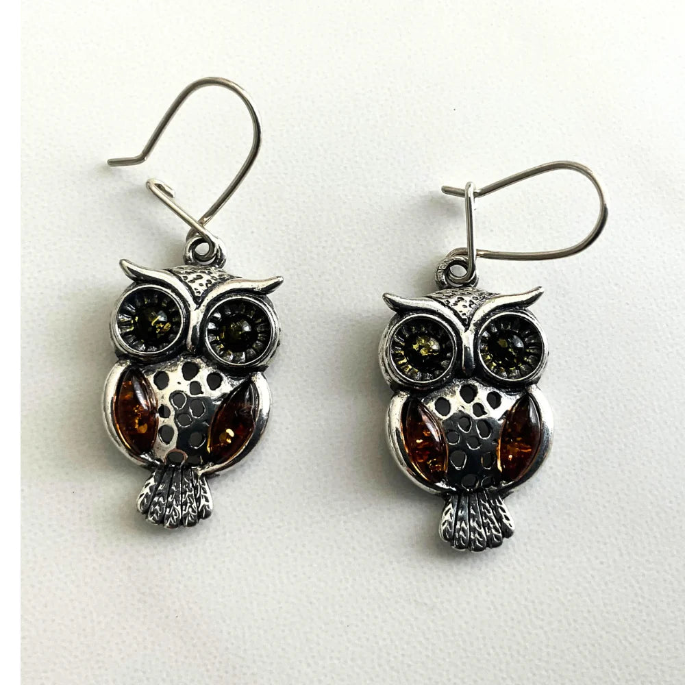 Amber & Silver Owl Drop Earrings A9
