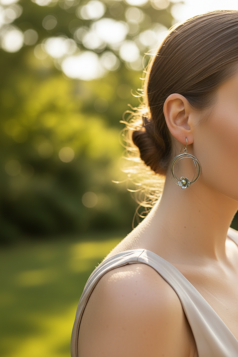 A pair of silver-toned dangle earrings with nested circular wire designs and a small green bead accent, displayed on a white surface.