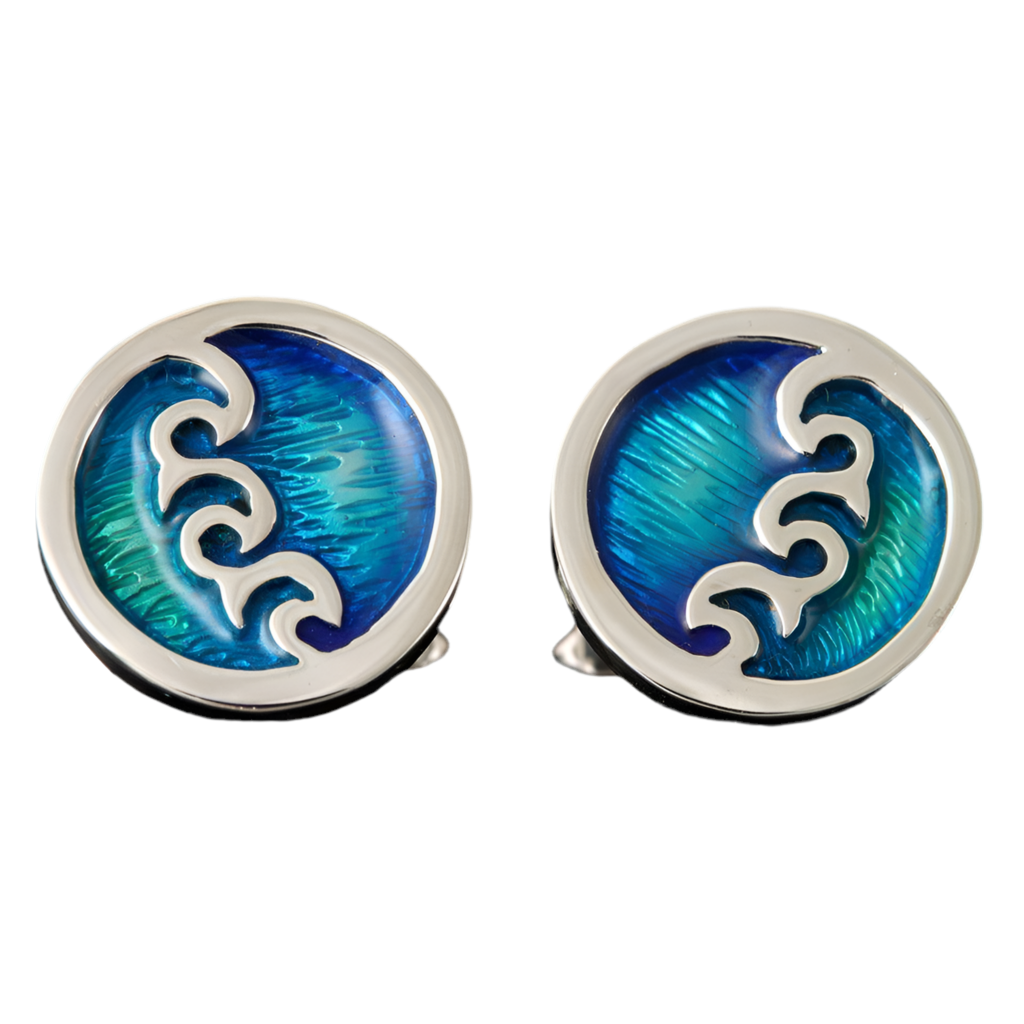 Shetland Silver And Enamel Seascape Round Wave Cufflinks - SSC11-Ogham Jewellery