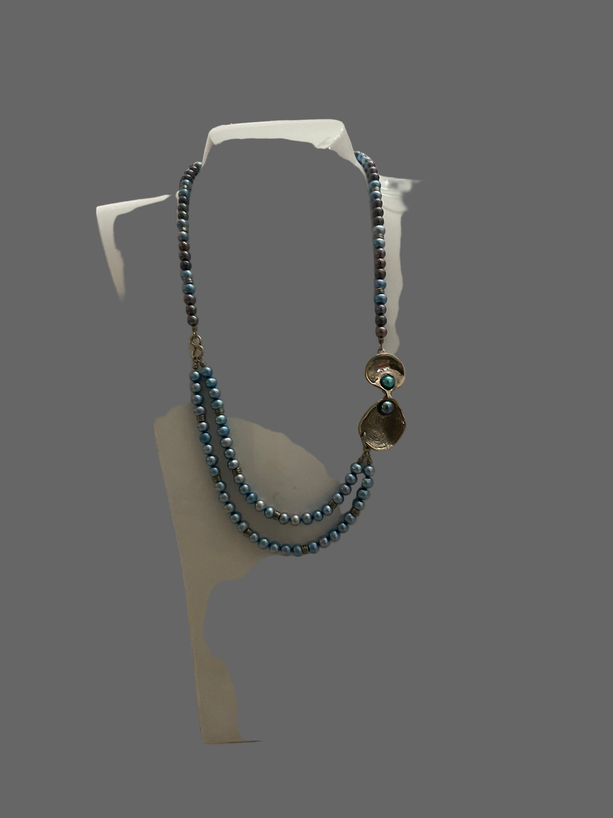 Long Silver and Blue Freshwater Long Pearl Necklace - Hagit Gorali