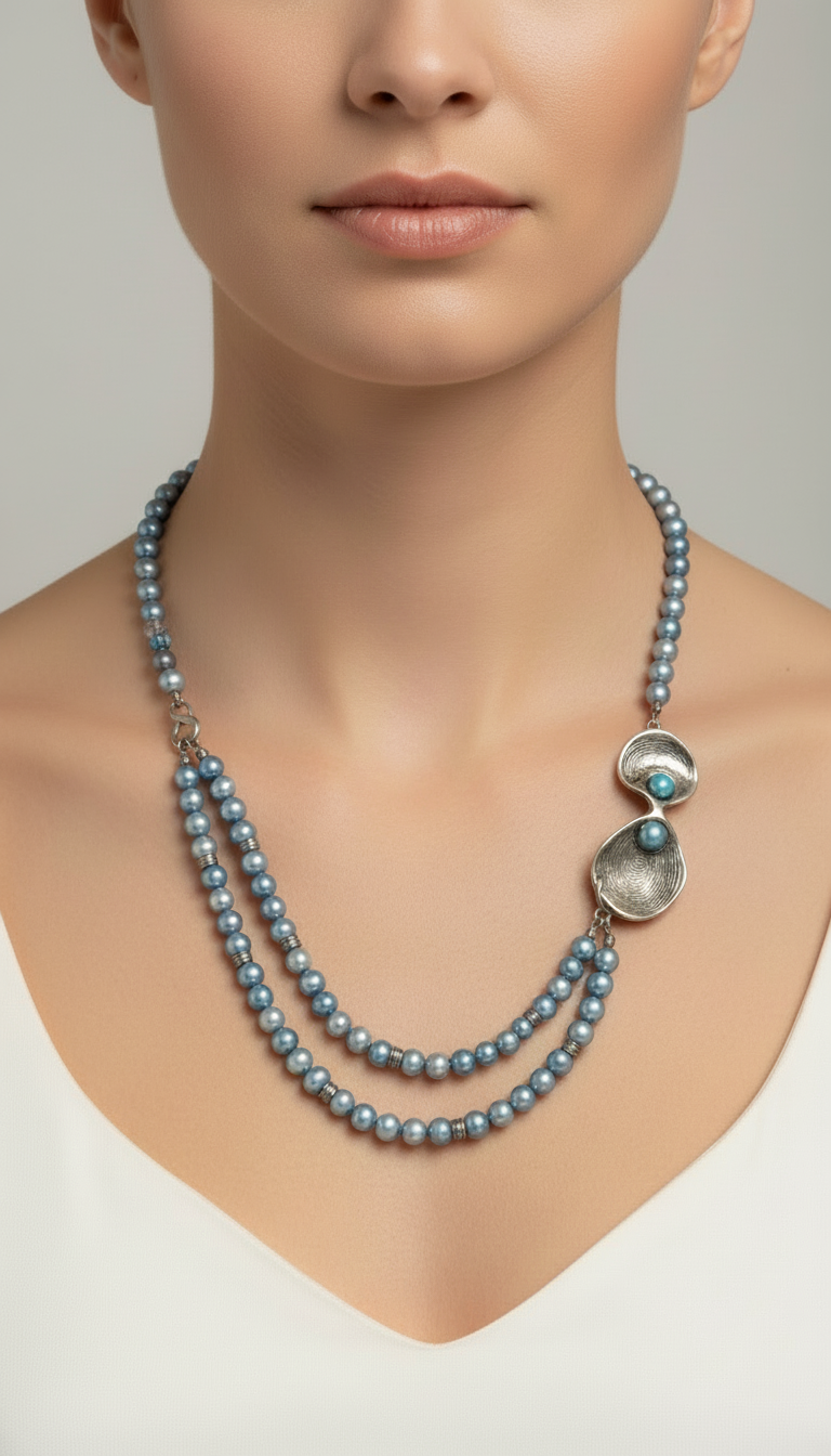 Long Silver and Blue Freshwater Long Pearl Necklace - Hagit Gorali