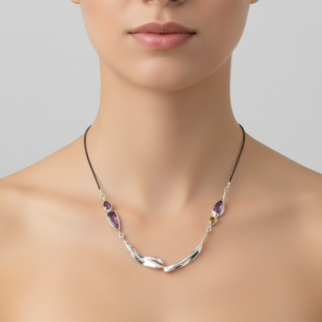 Silver Gemstone Necklace - M990Amethyst and citrine. Hagit Gorali
