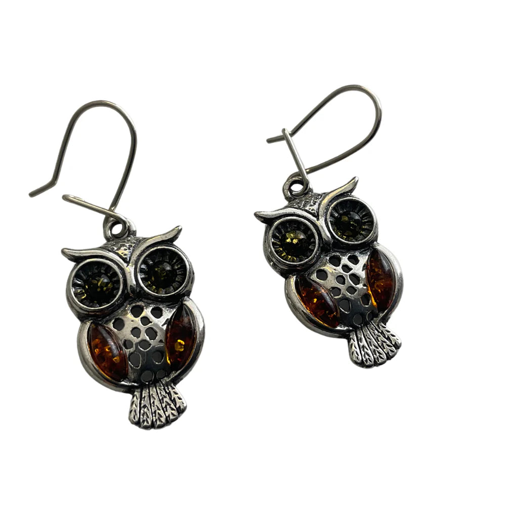 Amber &amp; Silver Owl Drop Earrings A9