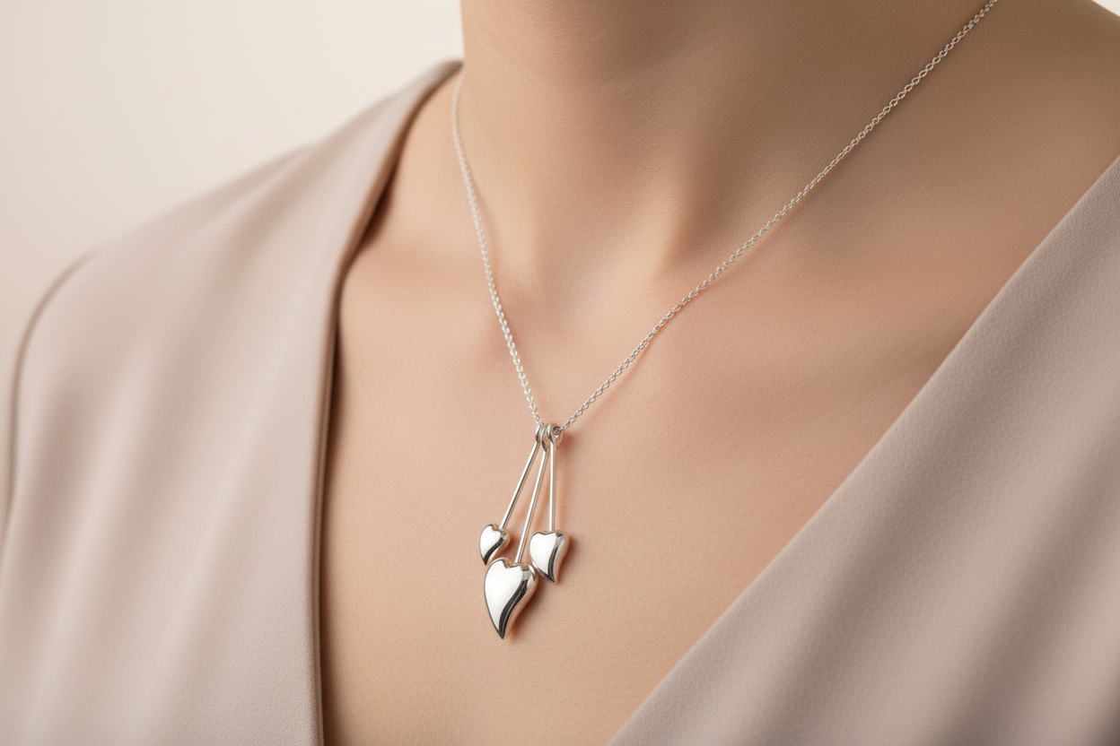 Chris Lewis Sterling Silver Polished Pebble Hearts Triple Pendant