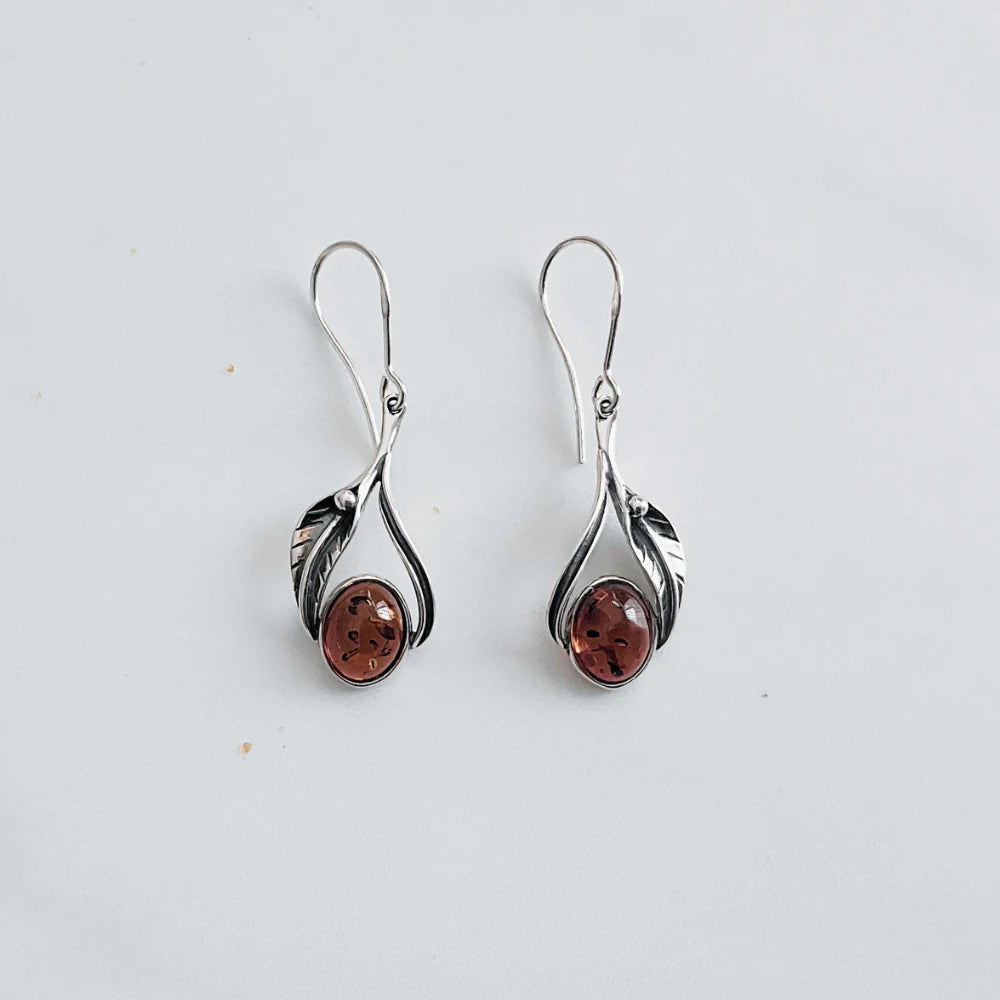 Amber & Silver Leaf Drop Earrings A6