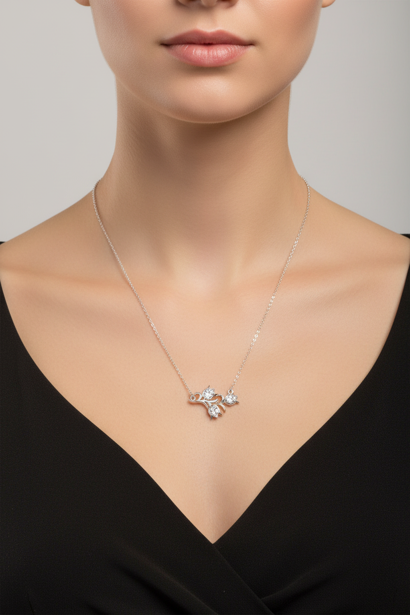 Pear Shaped Flower 18 inch Cubic Zirconium silver necklace TK