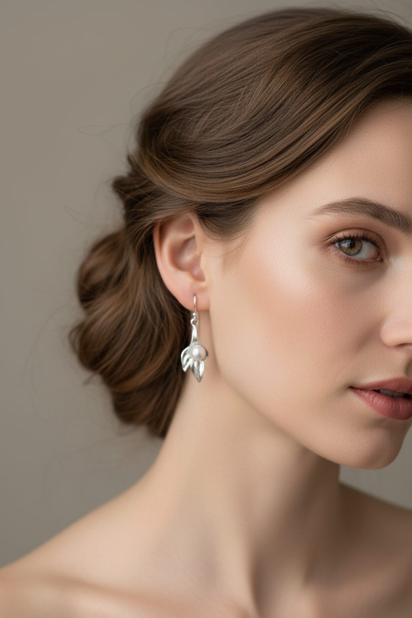 Sterling Silver &amp; Pearl Leaf Design Earrings 69-48 Hagit Gorali