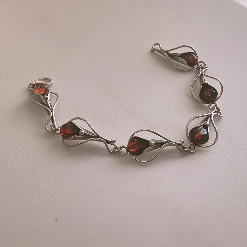 Sterling Silver and Rich Brandy Coloured Amber Bracelet B1