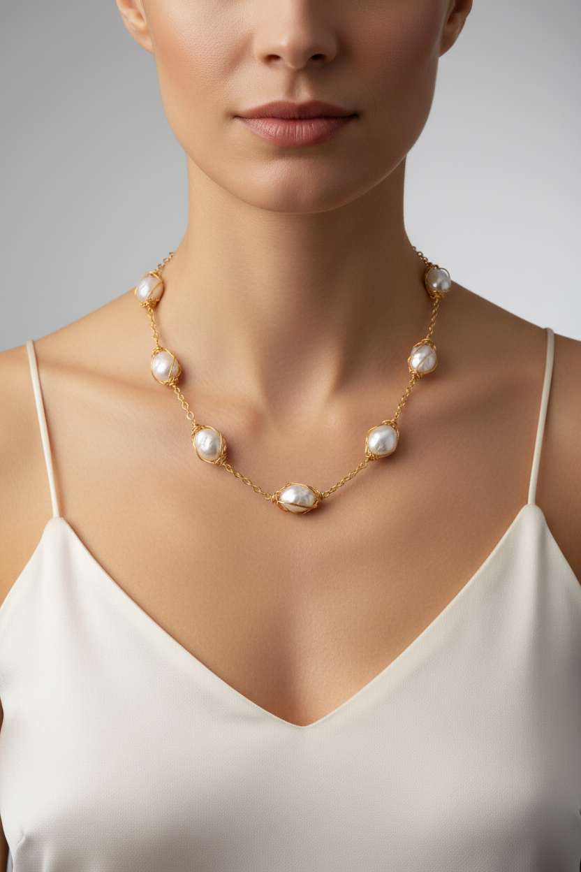 Shablool Designer Silver and Pearl Necklace. - N04236