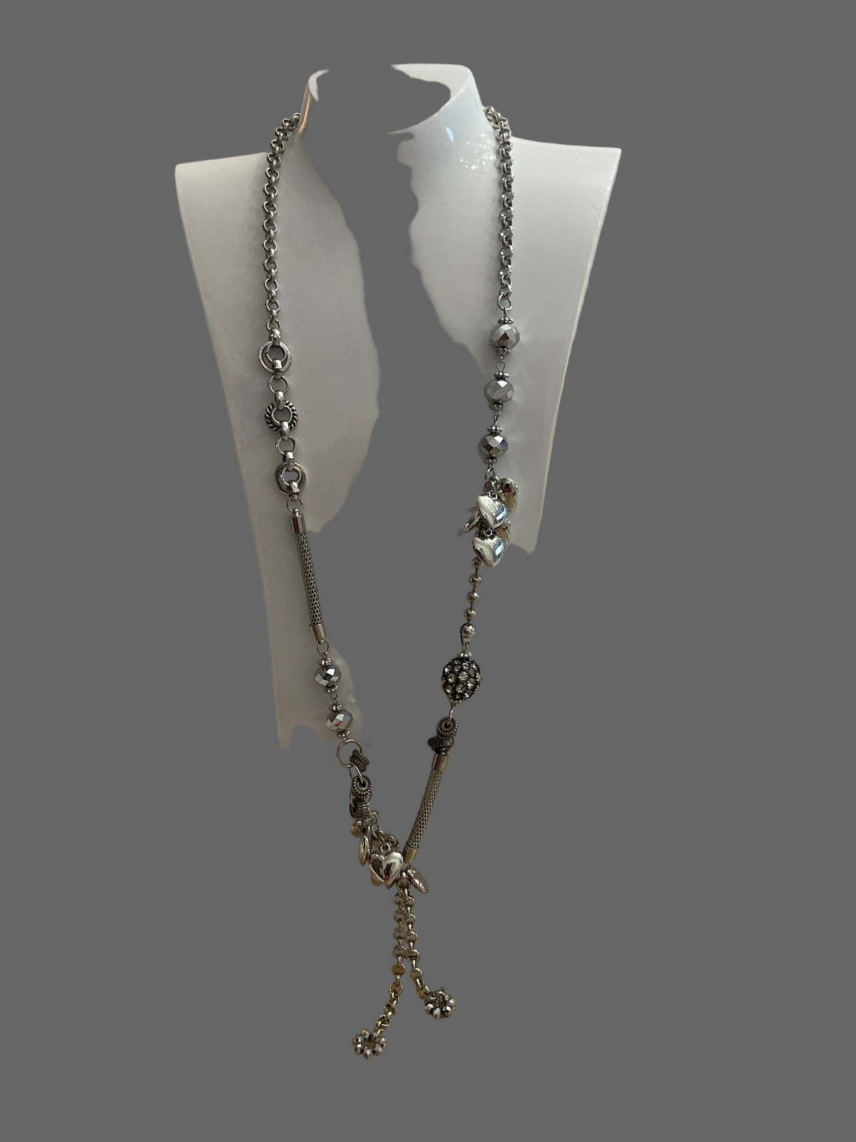 Fashion Jewellery Silver Coloured Necklace covered in hearts.