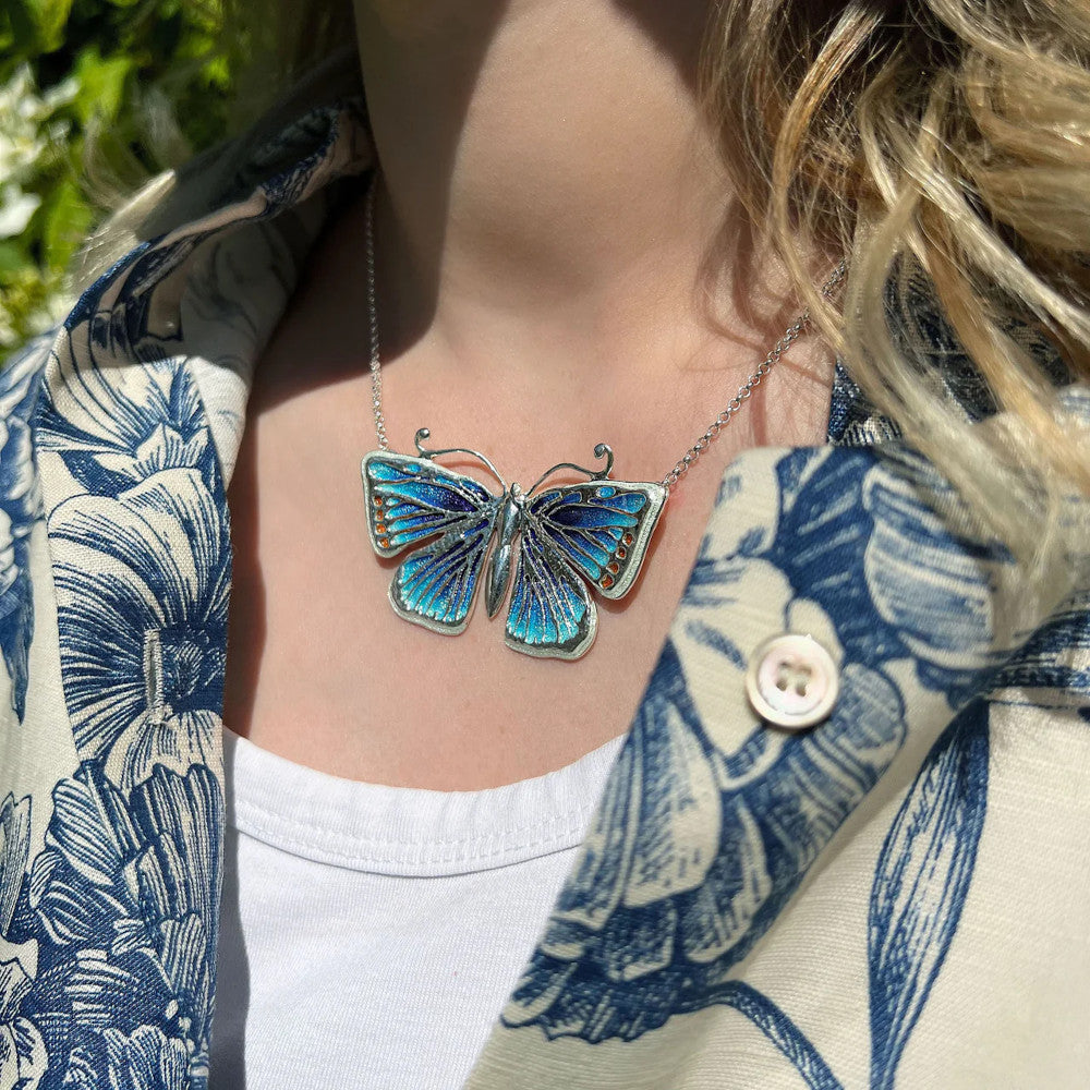 Common Blue Butterfly Sterling Silver Necklace With Enamel - ENX284-CBLUE