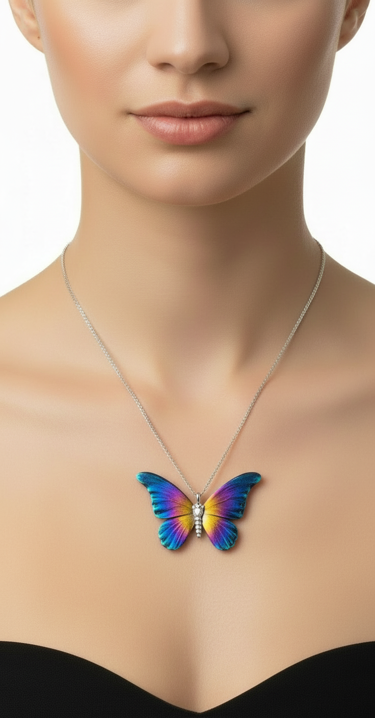Titanium Silver And Silver Large Butterfly Necklace N515 LBJ