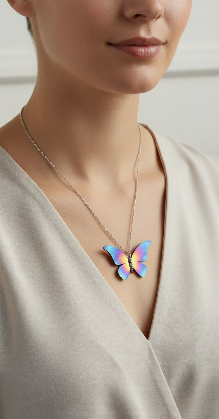 Titanium Silver And Silver Large Butterfly Necklace N515 LBJ