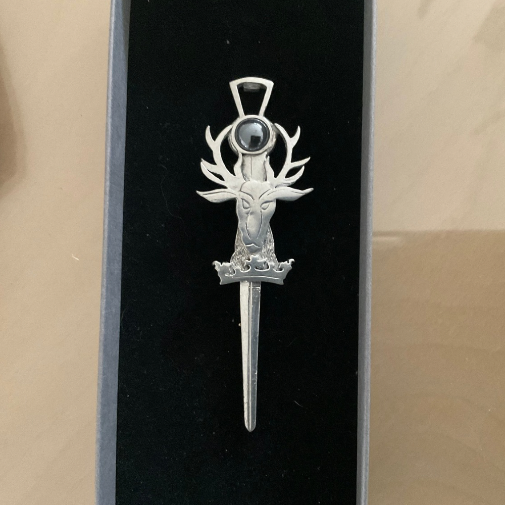 Stag with Crown and Hematite Stone Pewter Kilt Pin