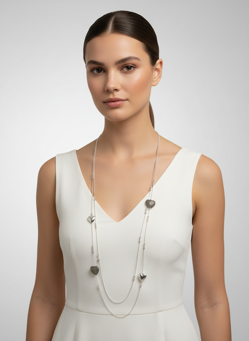 Long Fashion Jewellery Double Necklace-set with hearts and heart stones