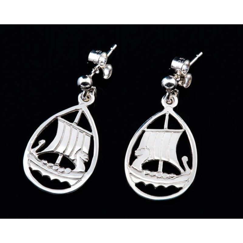 Viking Ship Sterling Silver or 9ct Yellow Gold Drop Earrings - E55