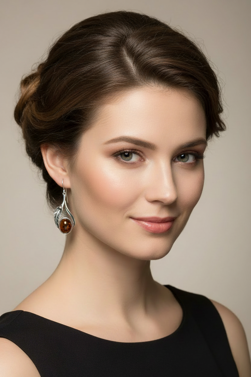 Amber &amp; Silver Leaf Drop Earrings A6