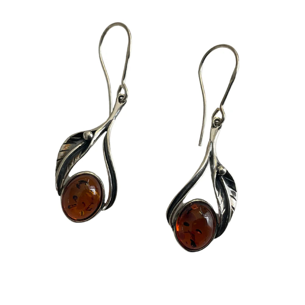 Amber &amp; Silver Leaf Drop Earrings A6
