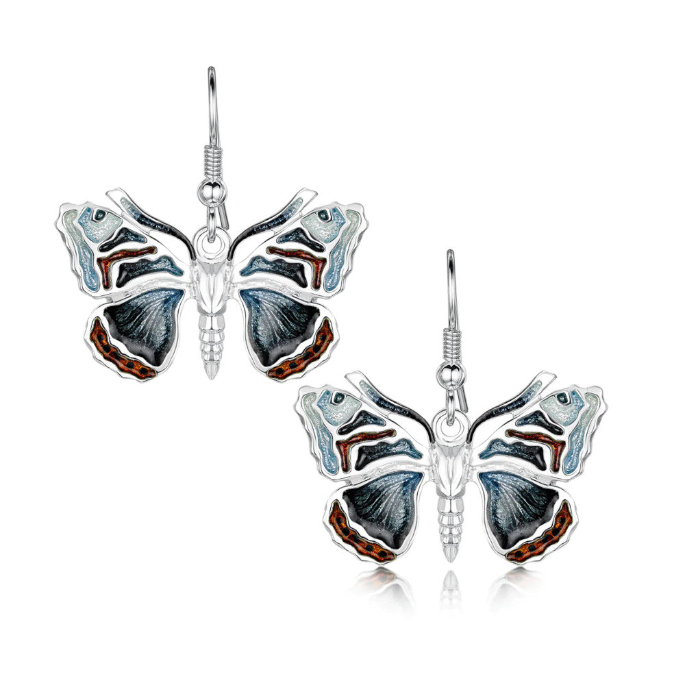 Red Admiral Butterfly Sterling Silver and Enamel Drop Earrings - EEXX285-RADM