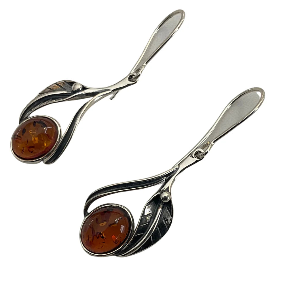 Amber &amp; Silver Leaf Drop Earrings A6