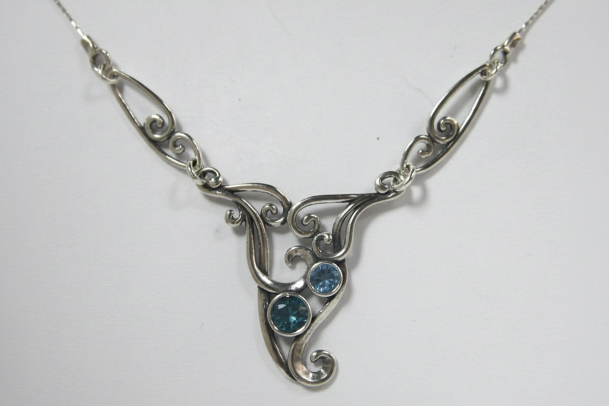 Shablool Designer Silver Necklace. with Stunning Blue topaz or lavender CZ's. - N02504