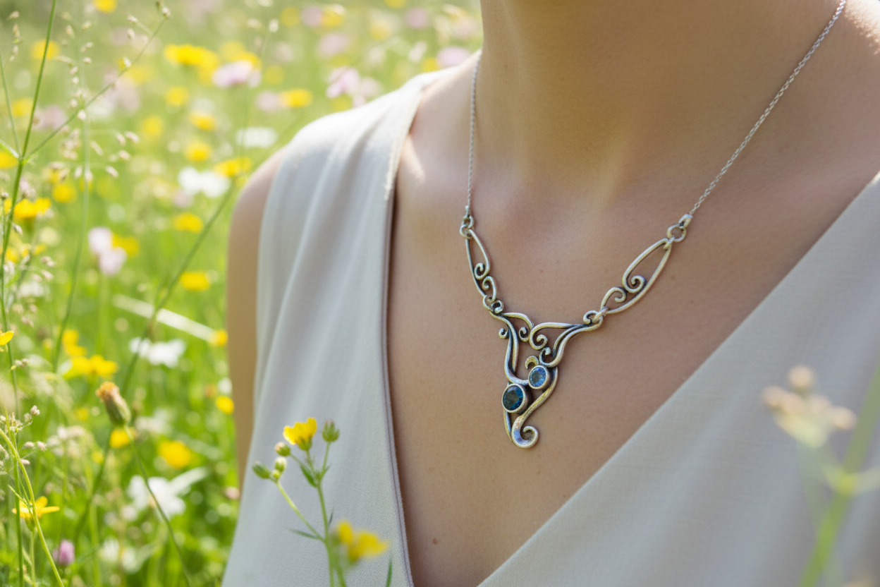 Shablool Designer Silver Necklace. with Stunning Blue topaz or lavender CZ's. - N02504