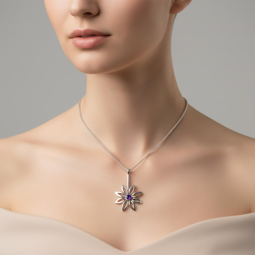 Celtic Daisy Sterling Silver Pendant with Amethyst