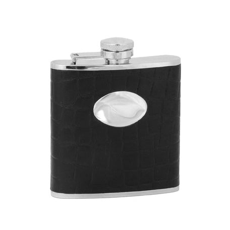 Black Hip Flask with Oval Engraving Plate – 5oz