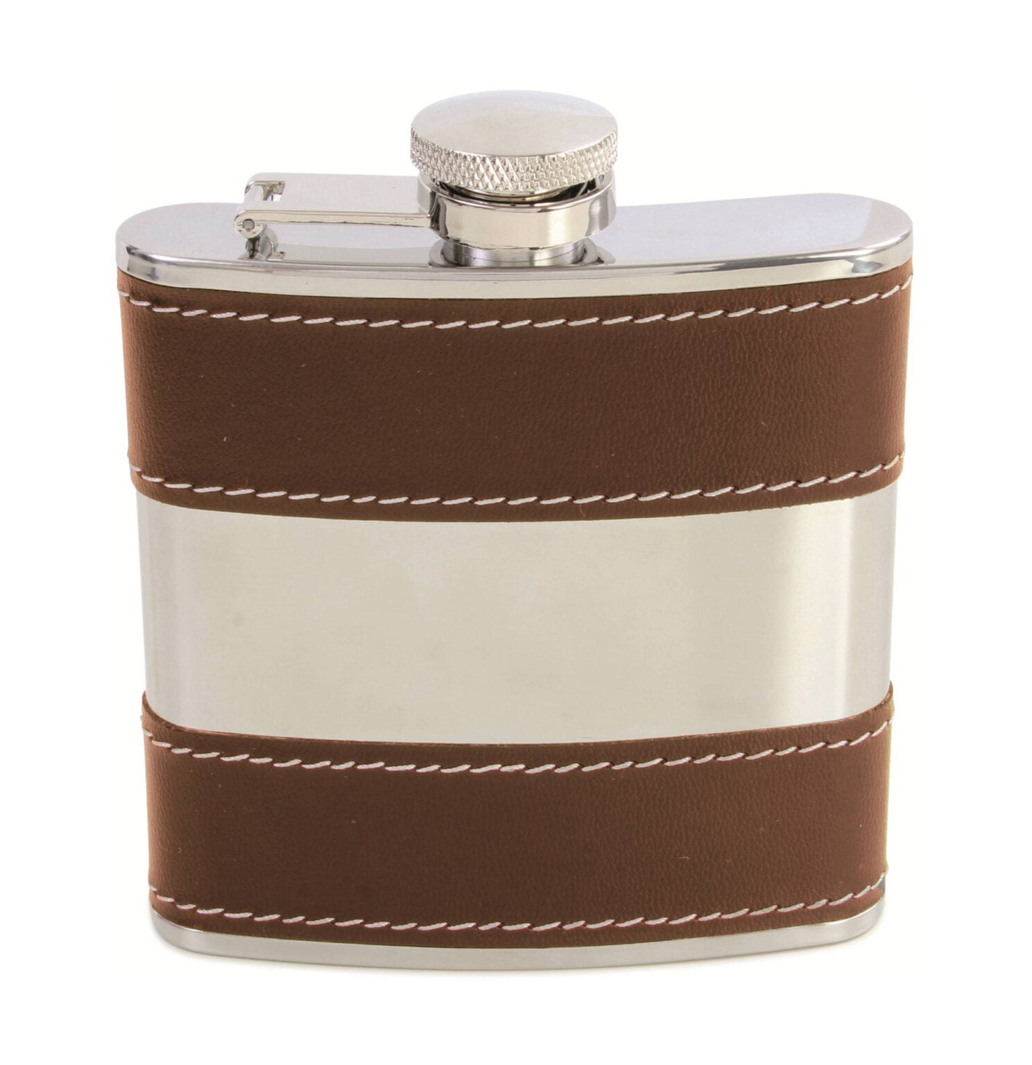 Brown Hip Flask 6oz with Shiny Stainless Steel Centre