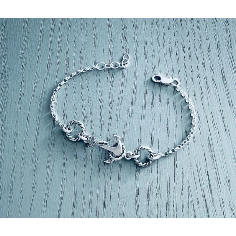 Anchor&#39;s Haven Anchor and Rope Silver Bracelet