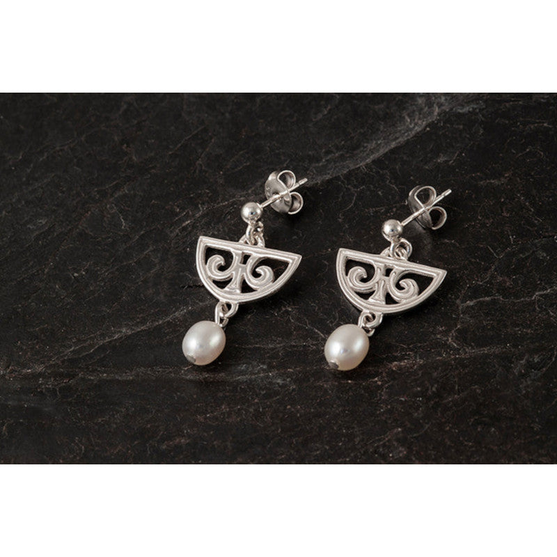 Celtic Sterling Silver or 9ct Yellow Gold Drop Earrings with Pearl - HE500