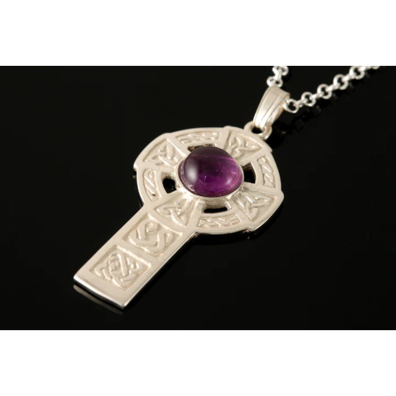 Celtic Knotwork Sterling Silver or 9ct Yellow Gold Cross Pendant With Amber or Amethyst - AP288