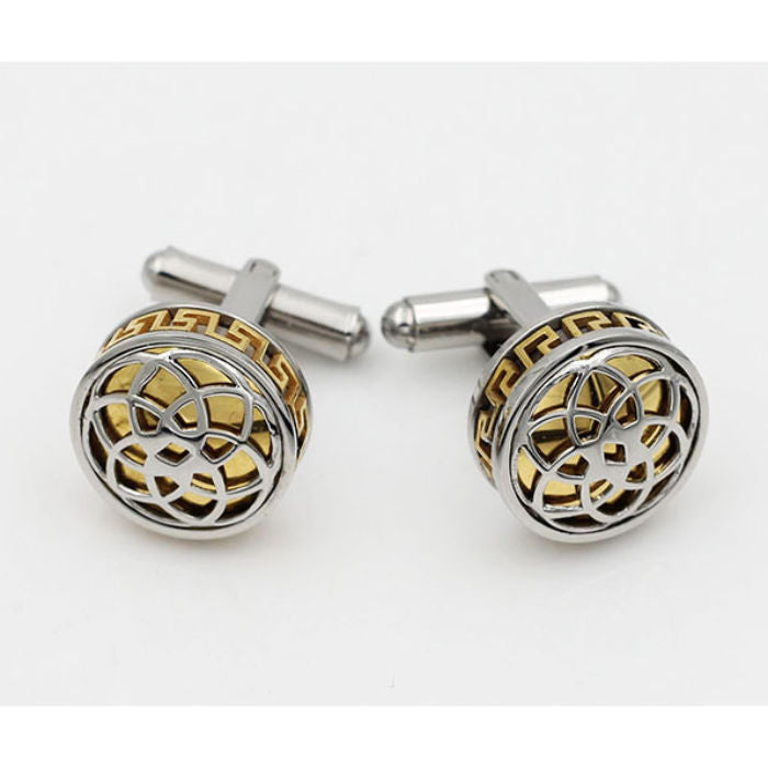 Round Stainless Steel Greek Key Cufflinks - 960070