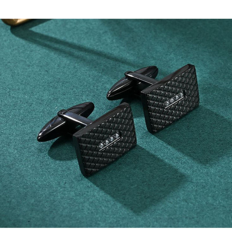Black Rectangular Stainless and CZ Steel Cufflinks - A00005