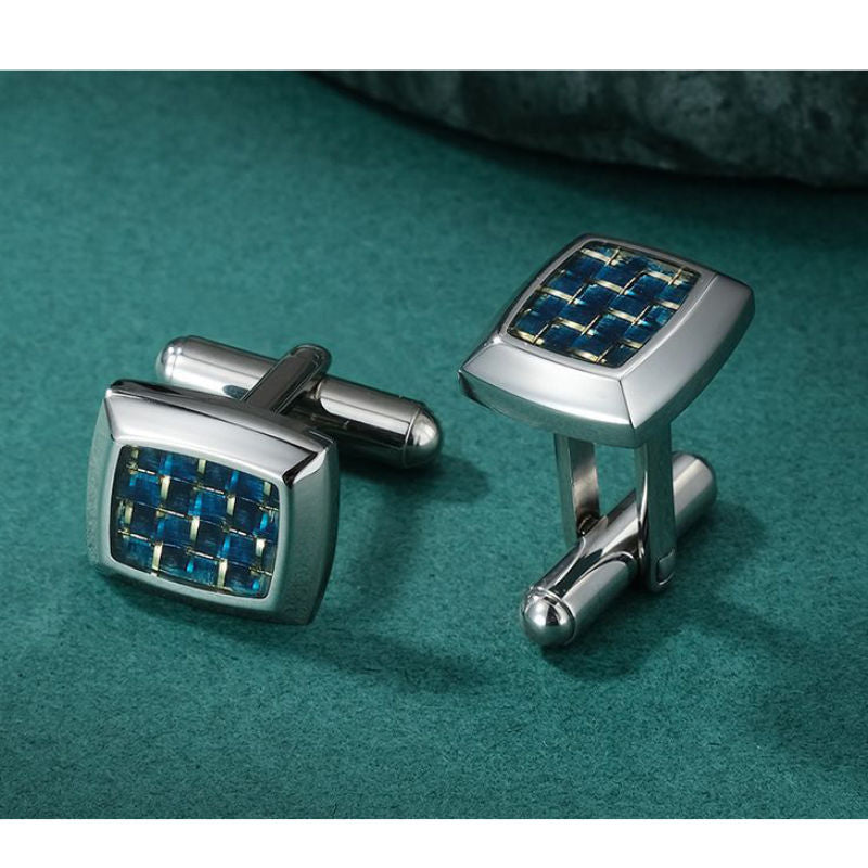 Stainless Steel Cufflinks - Black & Blue Carbon Fiber Centre - A00015